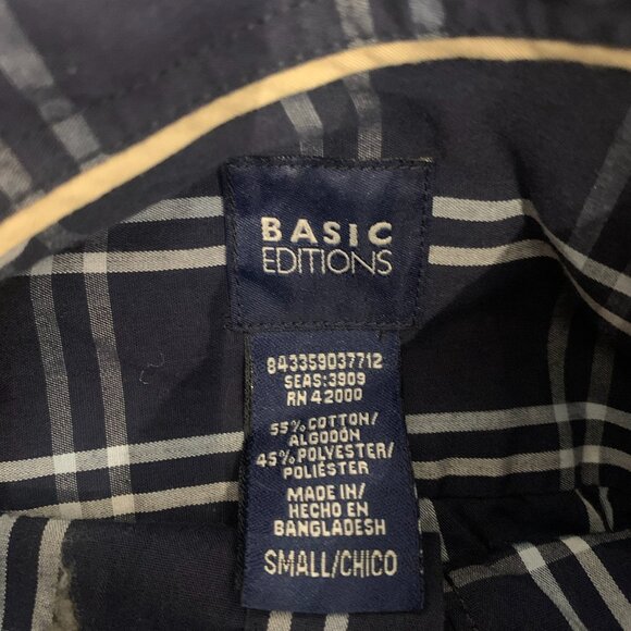 BASIC EDITIONS MEN'S SHORT SLEEVE NAVY BLUE/WHITE PLAID BUTTON DOWN SHIRT SMALL - Picture 4 of 4
